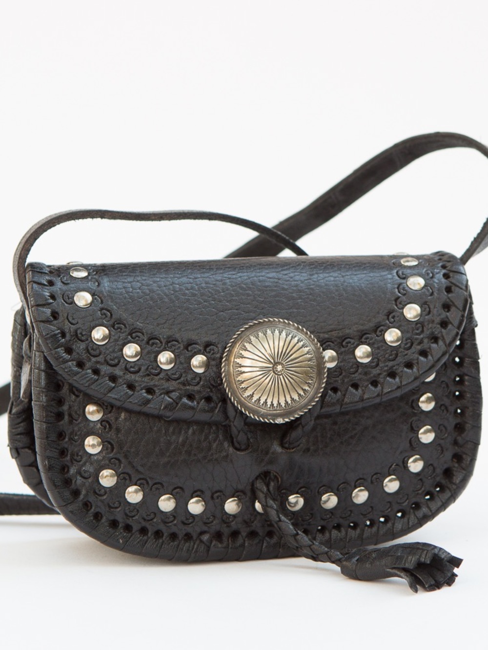 FOUR WINDS Western Handcrafted Studded Concho Crossbody Purse Black Leather